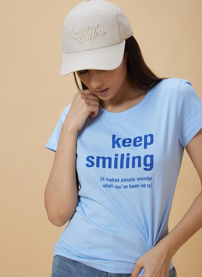 globus Globus Women Blue Typography Printed Pure Cotton T-Shirt